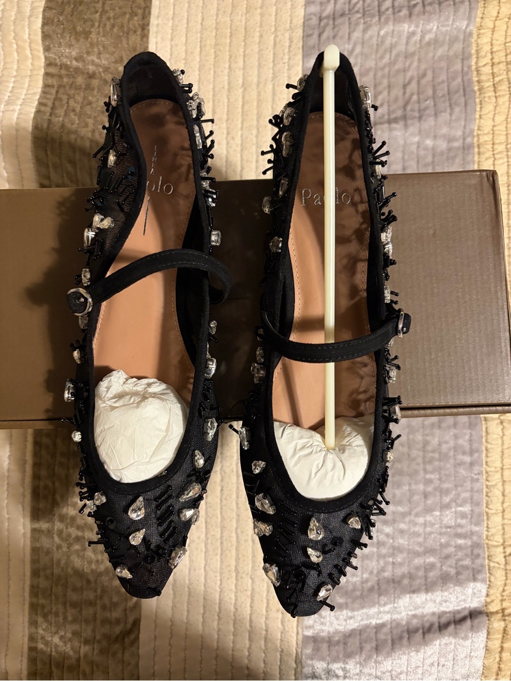 Paolo Black Jeweled Pointed Mary Jane Flats with Crystals